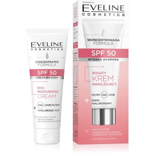 EVELINE SPF 50 Bogaty Krem nawilżający Filtry+Kwas Hialuronowy do cery normalnej i suchej 30 ml