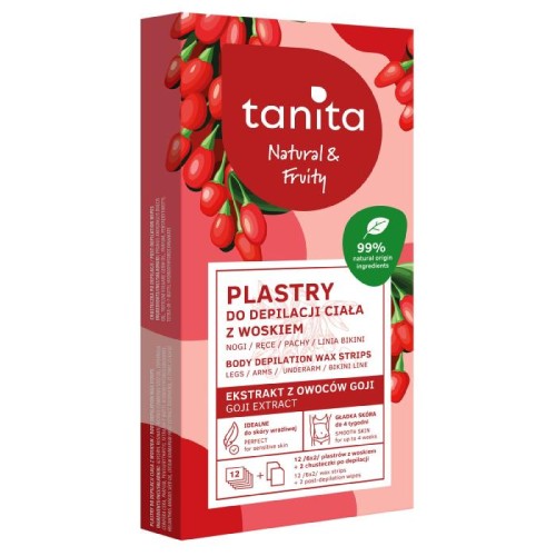 TANITA  Natural &amp; Fruity Plastry do depilacji ciała z woskiem - z ekstraktem z owoców Goji  12 sztuk (6x2)+ 2 chusteczki po depi