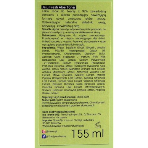 THE SAEM Jeju Fresh Aloe 92% Toner do twarzy 155 ml