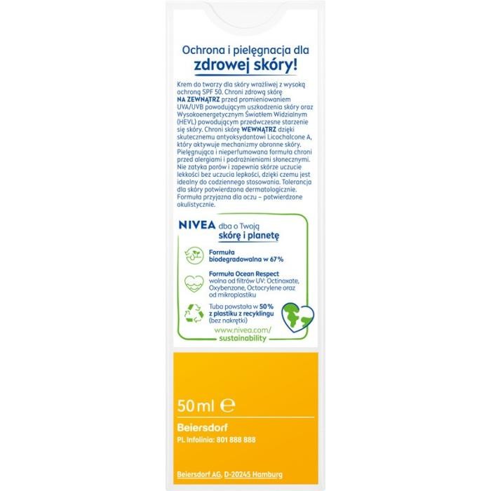 NIVEA SUN Sensitive Krem ochronny do twarzy dla skóry wrażliwej SPF50 50 ml