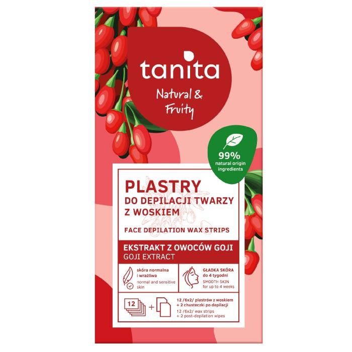 TANITA  Natural &amp; Fruity Plastry do depilacji twarzy z woskiem - z ekstraktem z owoców Goji  12 sztuk (6x2)+ 2 chusteczki po dep