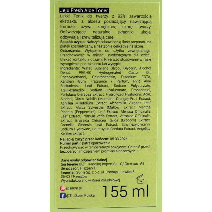 THE SAEM Jeju Fresh Aloe 92% Toner do twarzy 155 ml