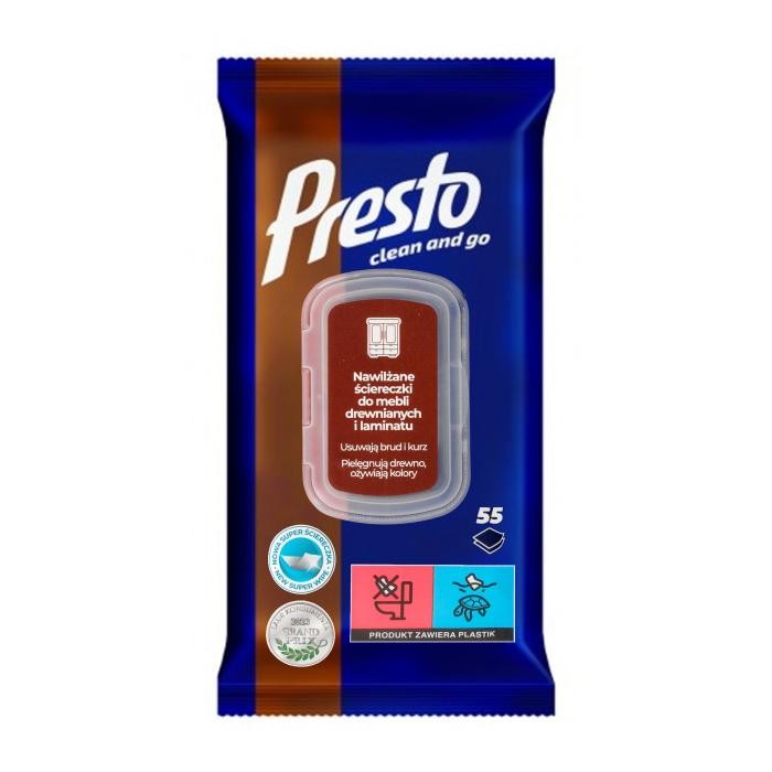 PRESTO Clean and Go Ściereczki nawilżane do mebli drewnianych i laminatu 1 op. - 55 szt.