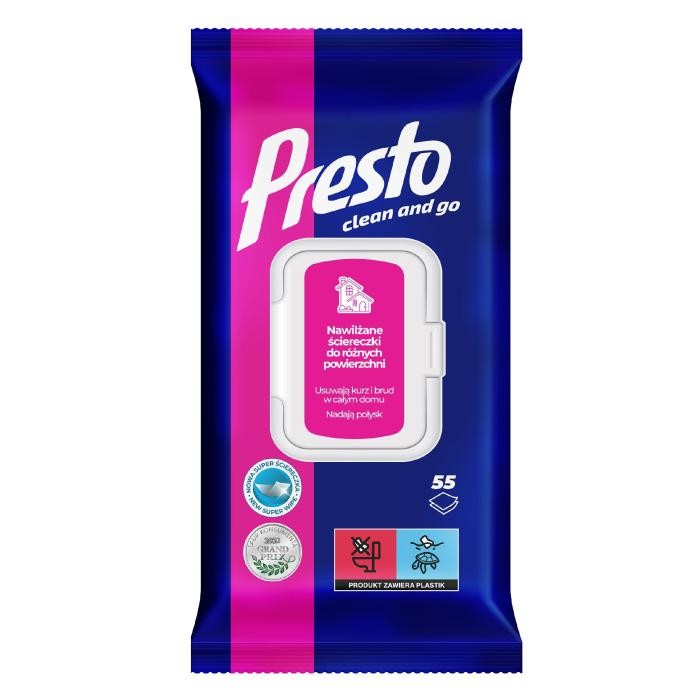 Presto Ściereczki czyszczące+płyn 2w1 do różnych powierzchni - zamknięcie pop up 1op.-55szt