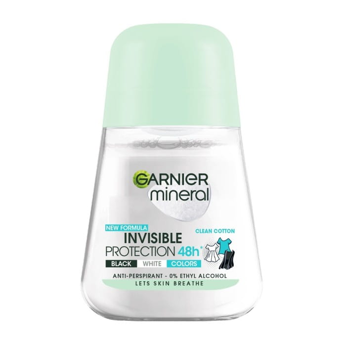 GARNIER Mineral Dezodorant roll-on Invisible Protection 48h Clean Cotton- Black,White,Colors   50 ml