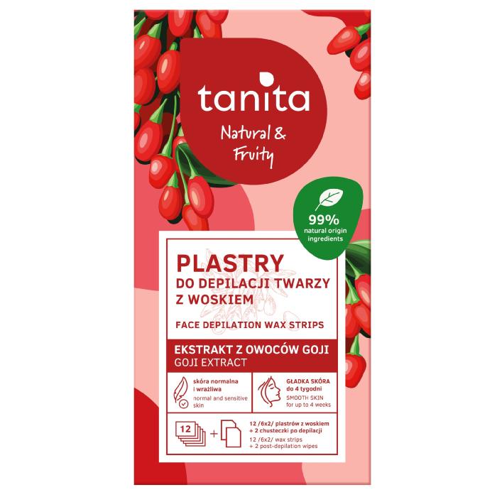 TANITA  Natural &amp; Fruity Plastry do depilacji twarzy z woskiem - z ekstraktem z owoców Goji  12 sztuk (6x2)+ 2 chusteczki po dep