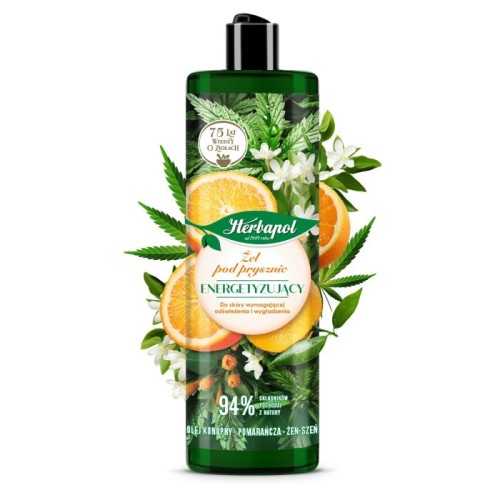 HERBAPOL Żel pod prysznic energetyzujący Olej konopny, Pomarańcza, Żeń-szeń 400 ml