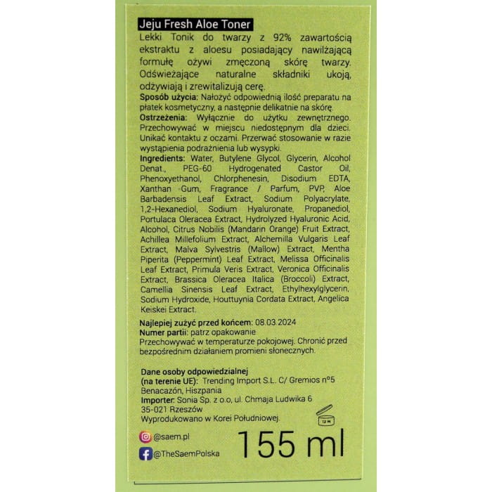THE SAEM Jeju Fresh Aloe 92% Toner do twarzy 155 ml