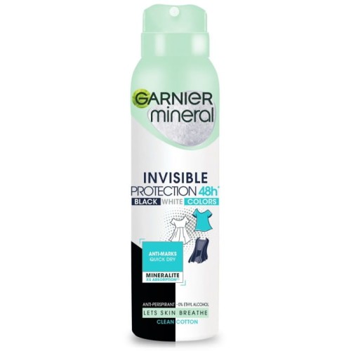 GARNIER Mineral Dezodorant spray Invisible Protection 48h Clean Cotton- Black,White,Colors   150 ml